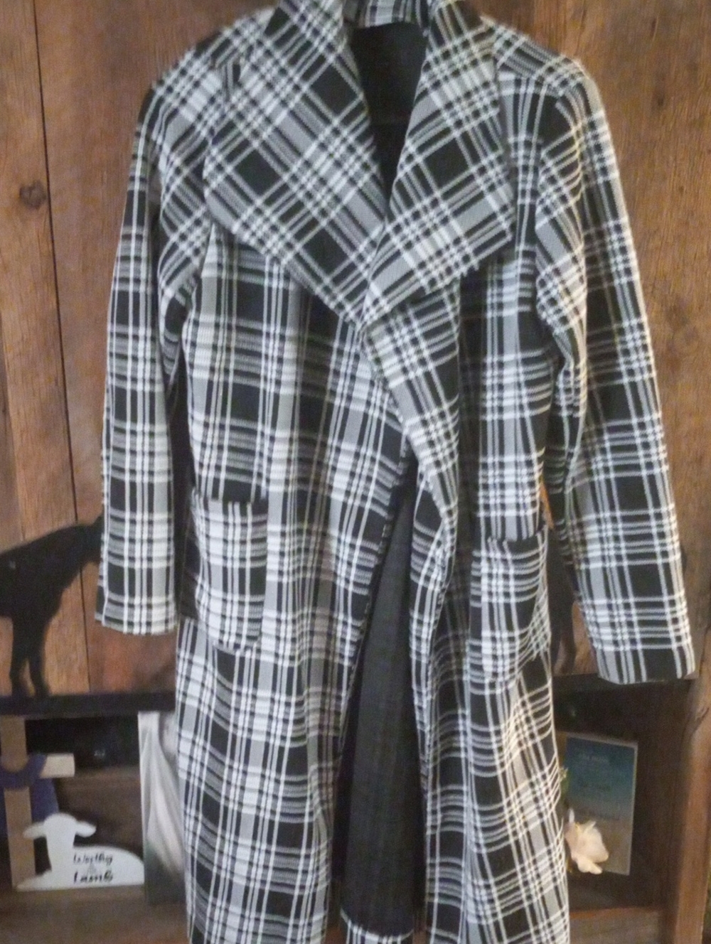 Women's Black and White Plaid Trench Coat